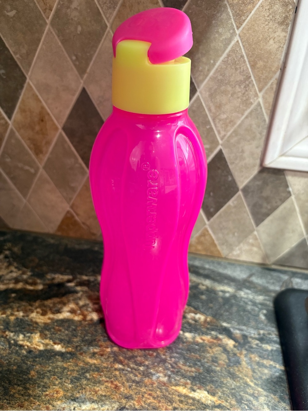 Tupperware ECO Hot Pink Flip-Top Water Bottle with neon Yellow Accent 25oz